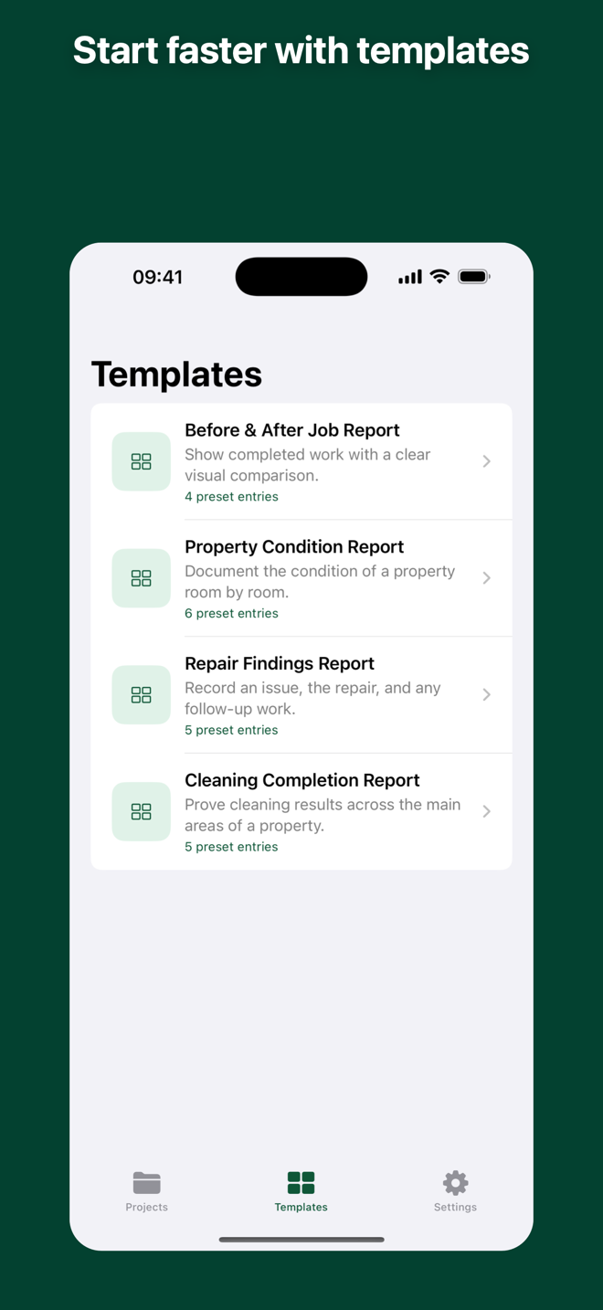 Reusable report templates in Photo Report on iPhone